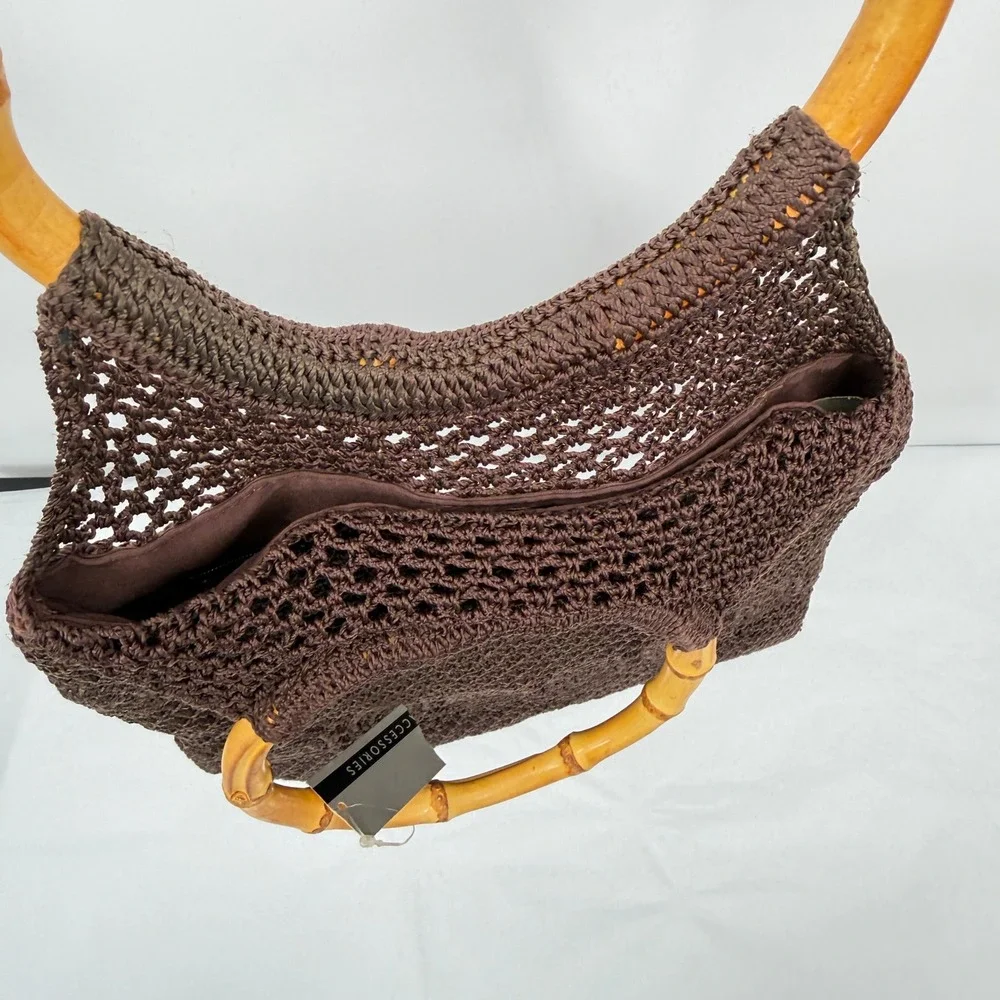 Kmart VTG NEW Crochet Handbag Bamboo Handle Brown Floral Boho Beachy Artisan